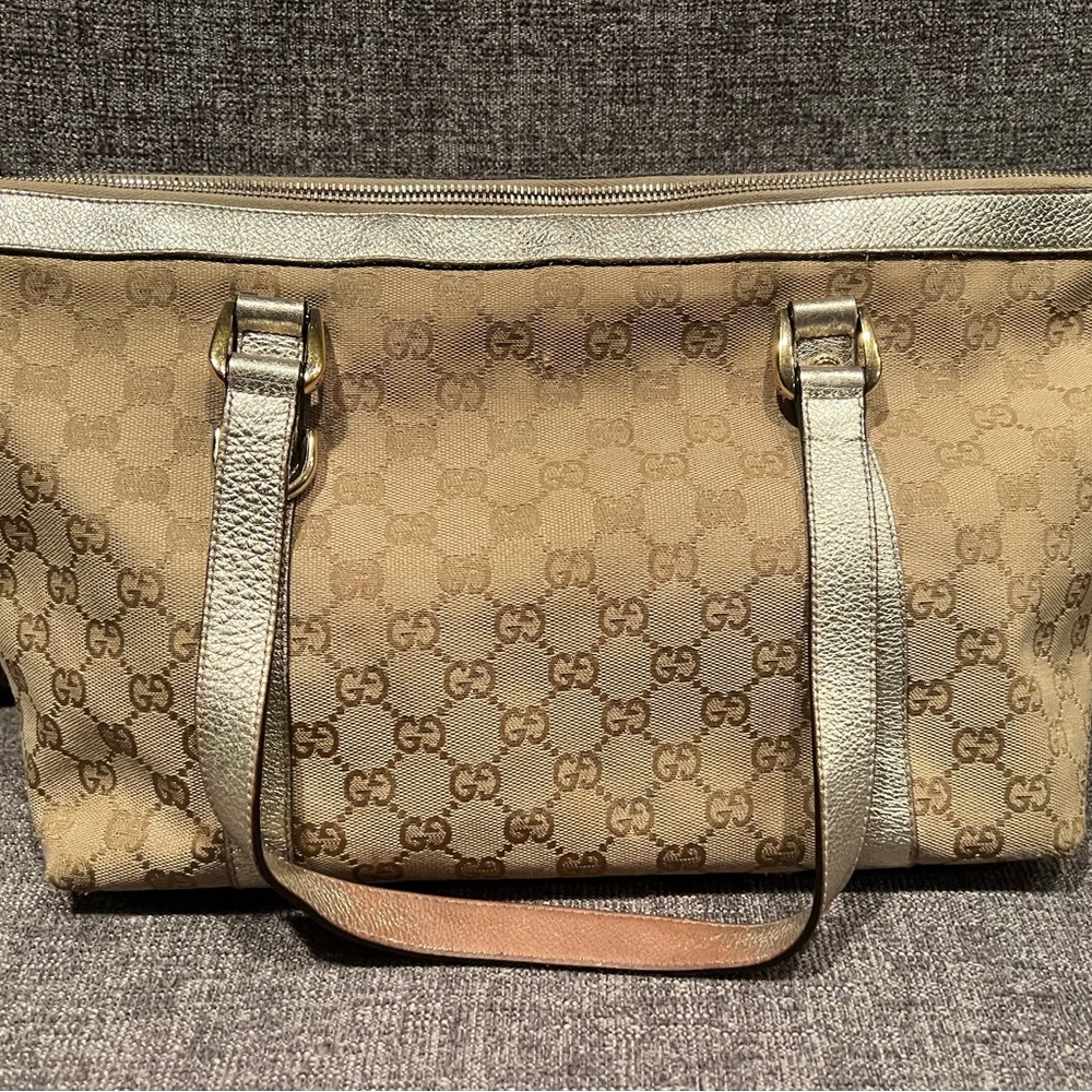 Gucci Beige GG Canvas Tote with Metallic Gold Trim